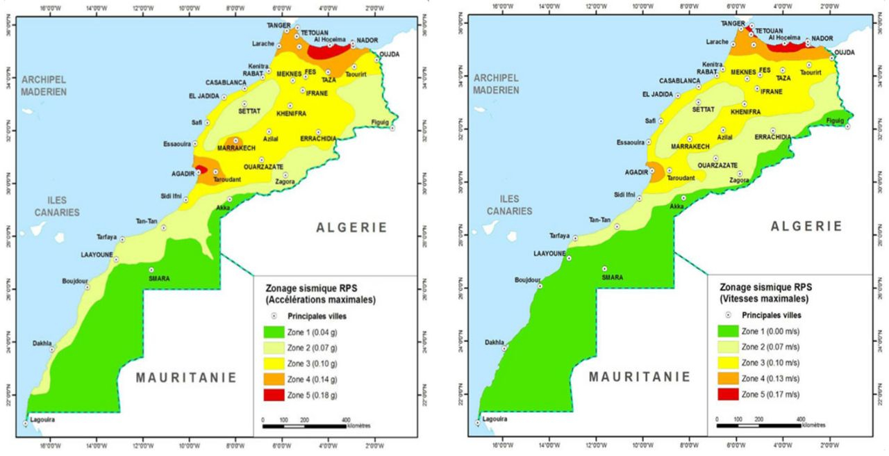 Zonage sismique du Maroc selon RPS 2011 - accélérations et vitesses maximales par zone